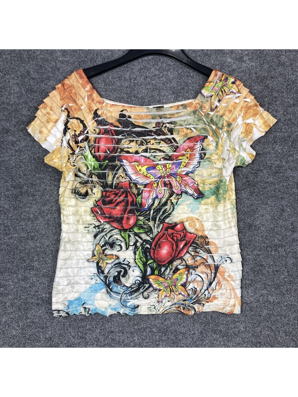 New Directions Womens Large Rose Butterfly Layered Ruffled Graphic Print Top